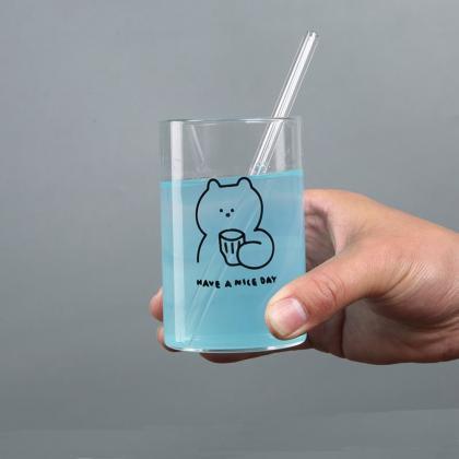 300ml Cute Bear Transparent Glass Cup With Straw