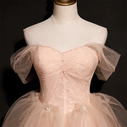 Pink Tulle Princess Beaded And Lace Long Formal..