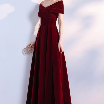 Wine Red One Shoulder Velvet Long Party Dress with Slit, Wine Red Prom Dress