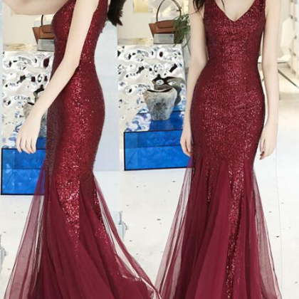 Wine Red Sequins With Tulle Mermaid Party Gown,..