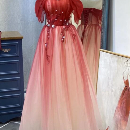 Beautiful Long Red Off Shoulder Tulle Gradient..