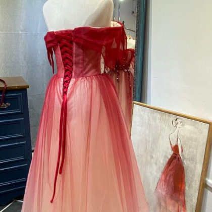 Beautiful Long Red Off Shoulder Tulle Gradient..