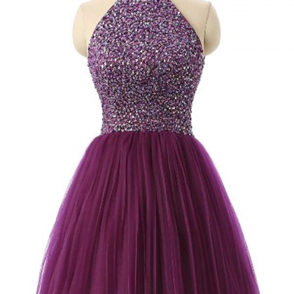Halter Sleeveless Short Purple Homecoming Dresses..
