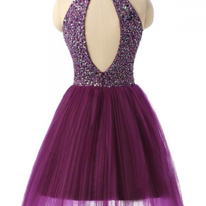Halter Sleeveless Short Purple Homecoming Dresses..