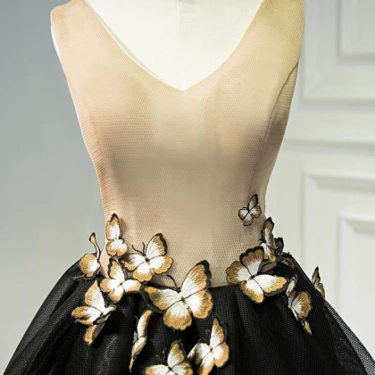 Little Black Homecoming Dress Butterfly V-neck..