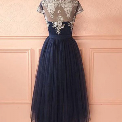 Cute Dark Blue Tulle Lace High Low Prom Dress..