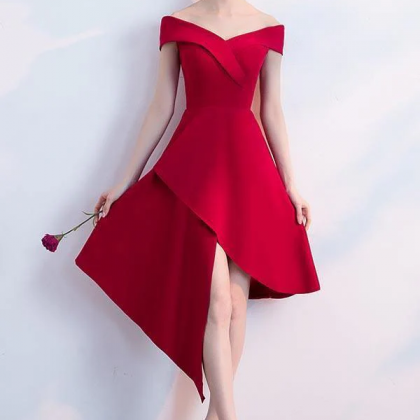 Simple Red Satin Off The Shoulder Homecoming..