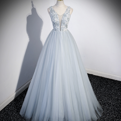 Cute V-neck Tulle Long Prom Dress, Gray Evening..