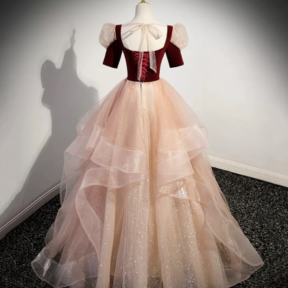 Cute Velvet Tulle Long Prom Dresses, A-line Short..