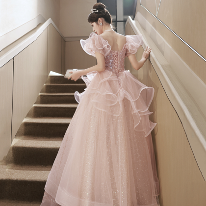 Pink Tulle Sequins Long Prom Dress, Lovely Short..