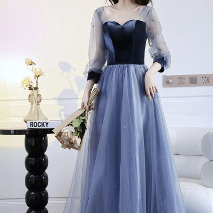 Blue Velvet Tulle Long Prom Dress, Beautiful Long..