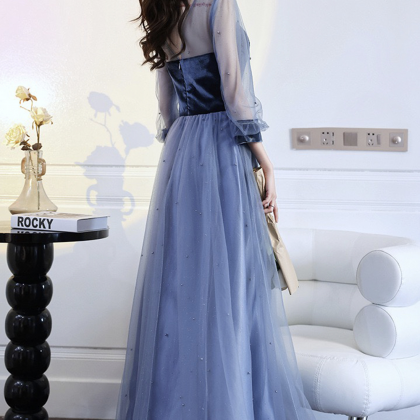 Blue Velvet Tulle Long Prom Dress, Beautiful Long..