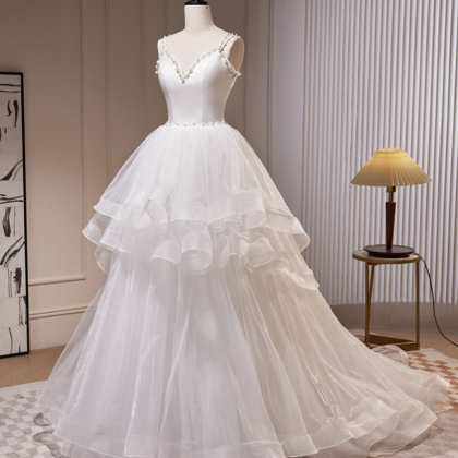 White V-neck Tulle Long Prom Dress, A-line Evening..