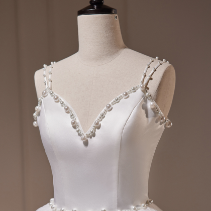 White V-neck Tulle Long Prom Dress, A-line Evening..