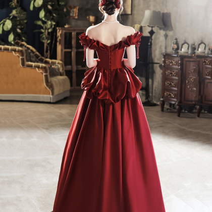Burgundy Satin Long Prom Dress, Cute A-line Off..