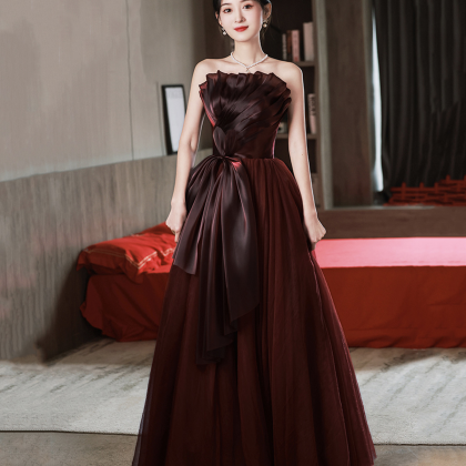 Burgundy Tulle Long Prom Dress, A-ine Strapless..