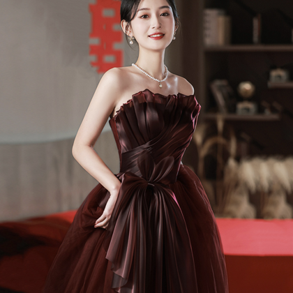 Tulle Ruched Strapless Burgundy A Line Prom Dress