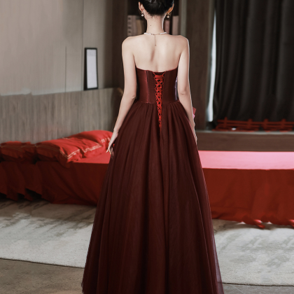 Burgundy Tulle Long Prom Dress, A-ine Strapless..