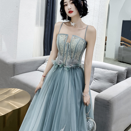 Blue Spaghetti Strap Tulle Long Prom Dress With..