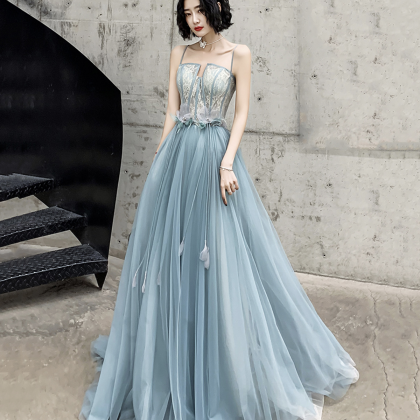 Blue Spaghetti Strap Tulle Long Prom Dress With..