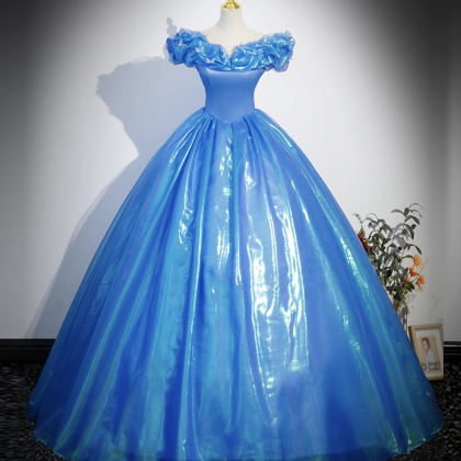 Blue Tulle Long A-line Prom Dress, Off Shoulder..