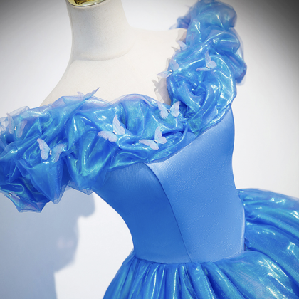 Cute A-Line Off the Shoulder Blue Tulle Long Prom Dresses with Appliques,DP0159