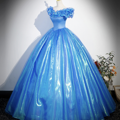 Blue Tulle Long A-line Prom Dress, Off Shoulder..