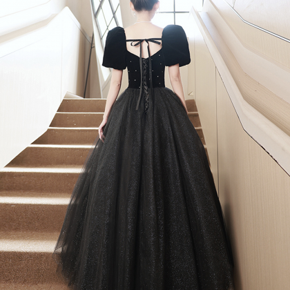 Black Velvet Tulle Long Prom Dress, Cute A-line..