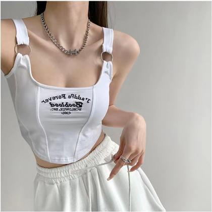 Women Letter Embroidered Tank Tops With Bra Pad..