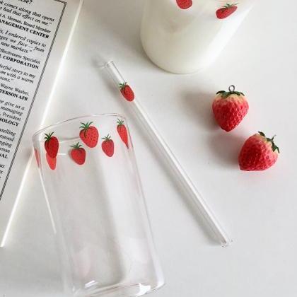 300ml Strawberry Cute Glass Cup With Straw..