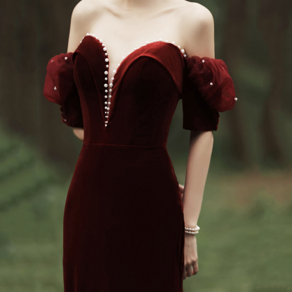 Burgundy Velvet Long Prom Dress With Pearls,..