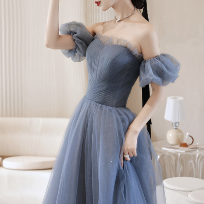 Blue Strapless Tulle Long Prom Dress, A-line Blue..