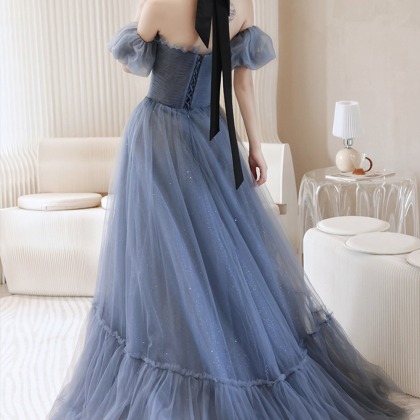 Blue Strapless Tulle Long Prom Dress, A-line Blue..
