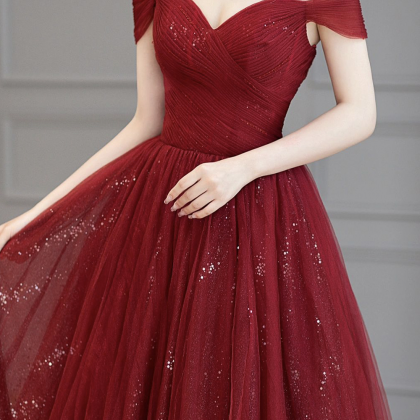 Burgundy Tulle Long Prom Dress, A-line Off The..