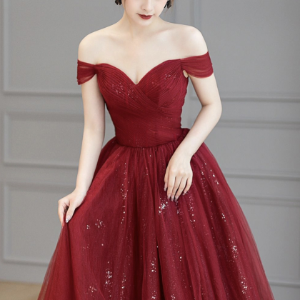 Burgundy Tulle Long Prom Dress, A-line Off The..
