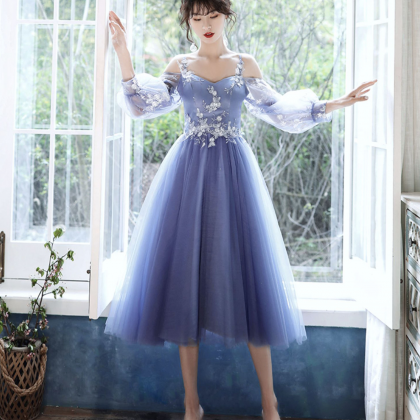 Blue Lace Long Sleeve Prom Dress