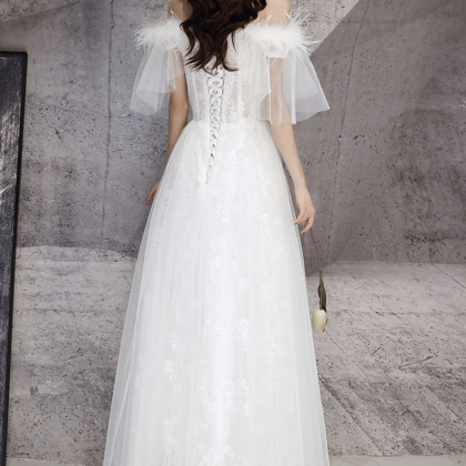 White Tulle Lace Long Prom Dress, A-line Evening..