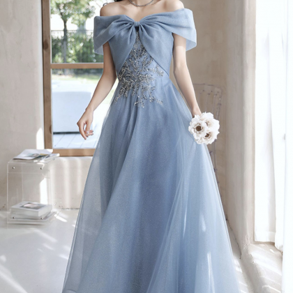 Blue Tulle Long Prom Dress Off Shoulder Evening..