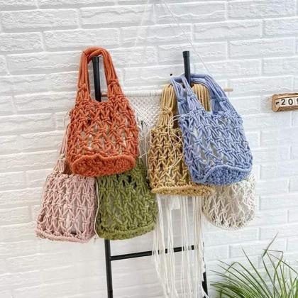 Cotton Thread Tote Handbags Solid Color Hollow Out..