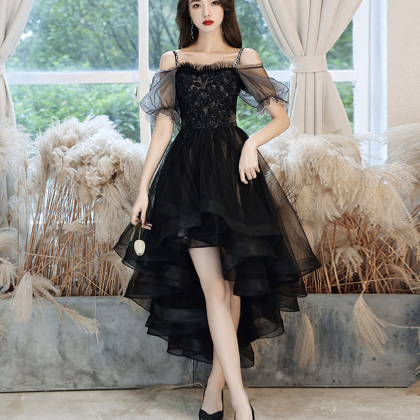 Black Tulle Lace High Low Prom Dress Homecoming..