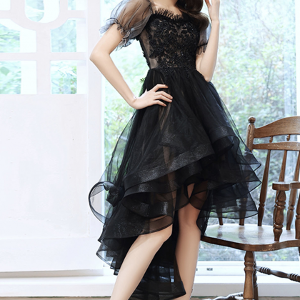 Black Tulle Lace High Low Prom Dress Homecoming..