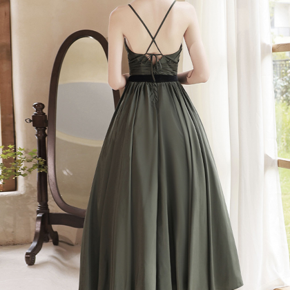 Green Vintage Satin Prom Dress V Neck Evening Dress 21st Birthday Outfit