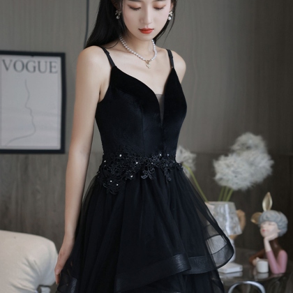 Black V-neck Tulle Long Prom Dress A-line Evening..