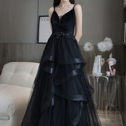 Stunning Black A-Line V Neck Sequin Tulle Prom Evening Gown Dress