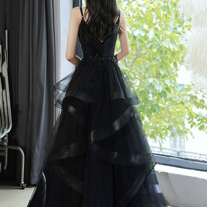 A Line V Neck Black Tulle Long Sleeves Prom Dress with Split LBQ3475