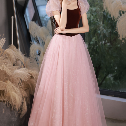 Pink Tulle Long A-line Prom Dress Pink Evening..