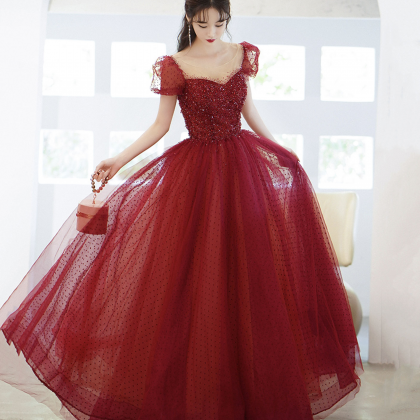 Beautiful Burgundy Tulle Sequins Ball Gown Formal Prom Evening Dress Y8010 main image 0