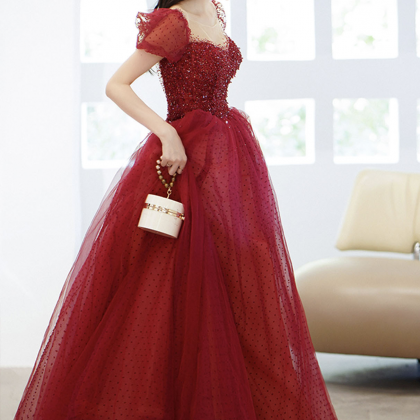 Burgundy tulle sequins long prom dress A line evening gown s55