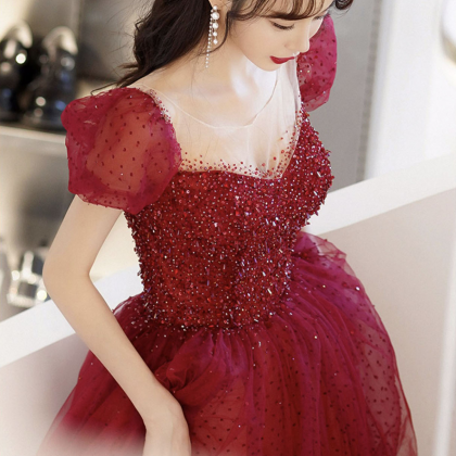 Burgundy sequins long prom dress evening dress main image 0