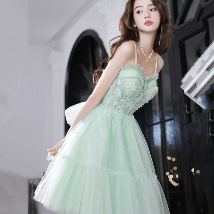 A-line Green Lace High Low Party Dress Prom Dres, Green Lace Homecoming Dress main image 1